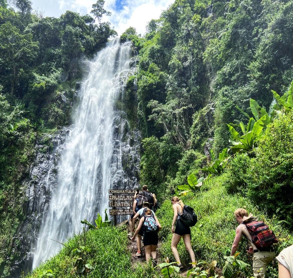Hikers approaching Materuni Waterfall through lush vegetation