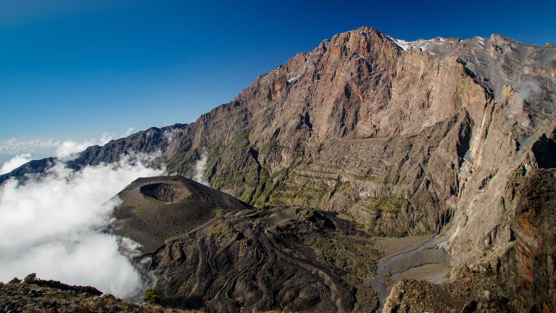 Aerial view of Mt. Meru crater and cliffs