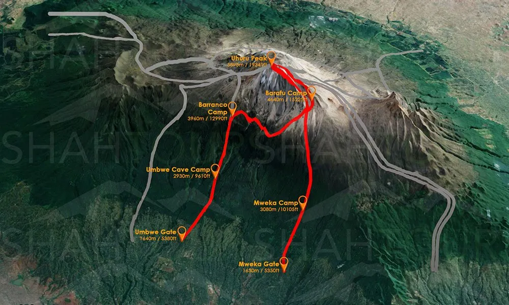 Map of the Umbwe Route on Mount Kilimanjaro